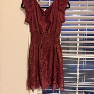 Pinky Burgundy Lace Smocked-Waist Mini Dress